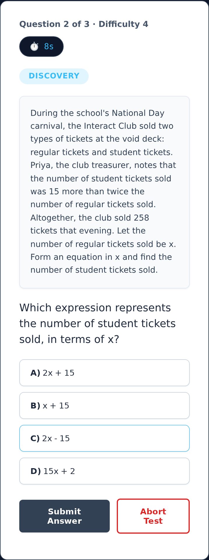 Phone screen of a Simulation question: question 2 of 3, difficulty 4, the Discovery step. A word problem about Interact Club tickets asks which expression gives the number of student tickets in terms of x, with four options: 2x + 15, x + 15, 2x - 15 and 15x + 2.